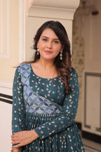 Jyoti Fashion Women's Teal Jacquard Weaving Long Designer Anarkali Set | Grocsy