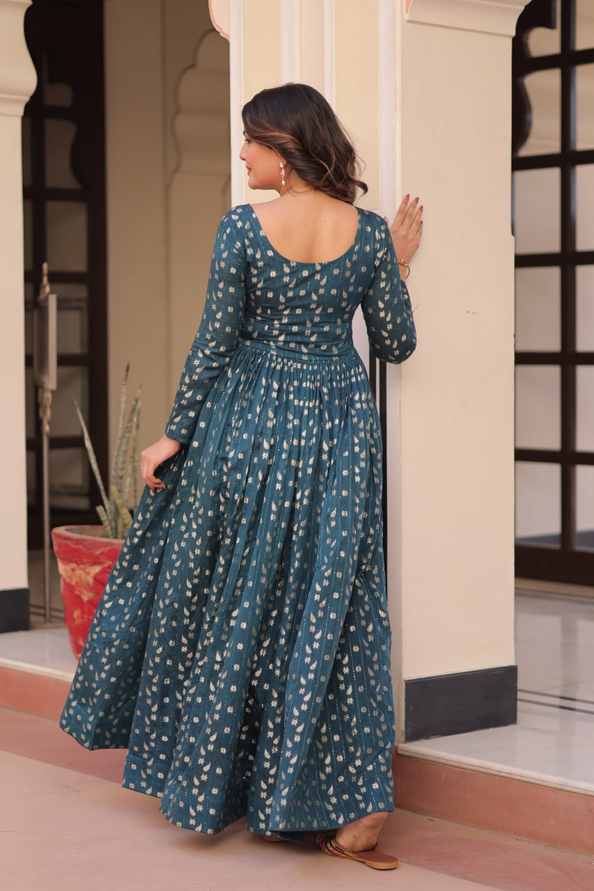Jyoti Fashion Women's Teal Jacquard Weaving Long Designer Anarkali Set | Grocsy