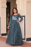 Jyoti Fashion Women's Teal Jacquard Weaving Long Designer Anarkali Set | Grocsy