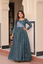 Jyoti Fashion Women's Teal Jacquard Weaving Long Designer Anarkali Set | Grocsy