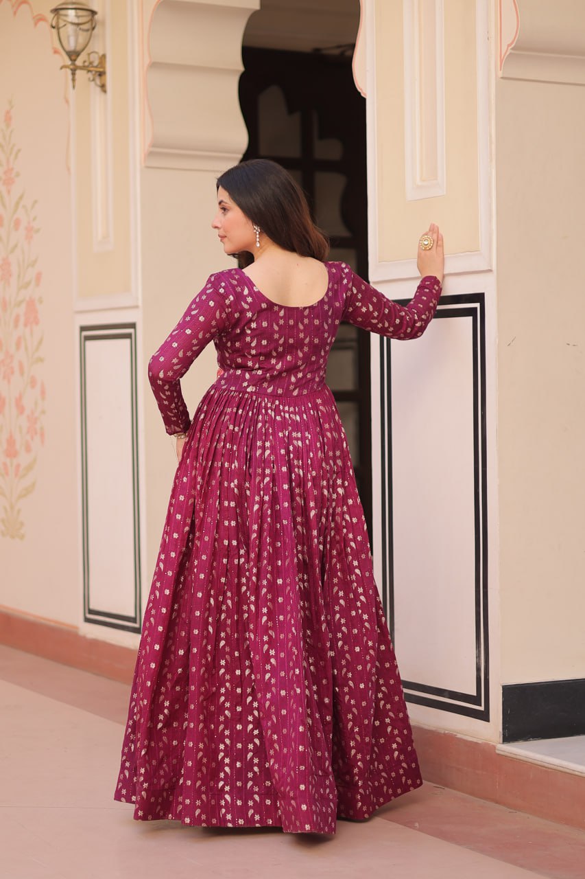 Jyoti Fashion Women's Wine Jacquard Weaving Long Designer Anarkali Set | Grocsy