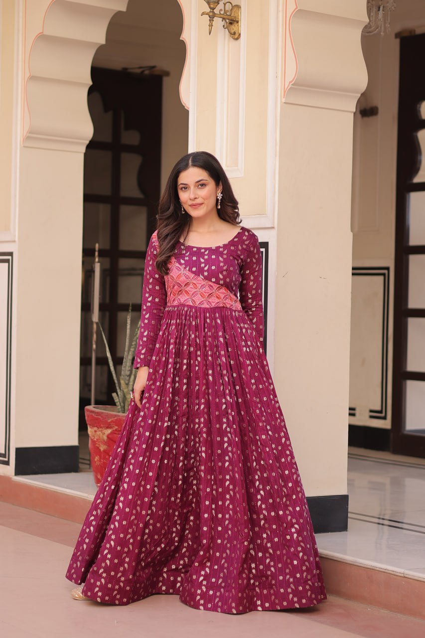 Jyoti Fashion Women's Wine Jacquard Weaving Long Designer Anarkali Set | Grocsy