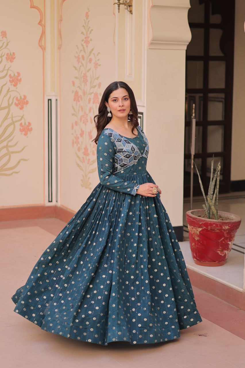 Jyoti Fashion Women's Teal Staple Jacquard Weaving Long Designer Anarkali Set | Grocsy