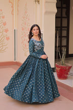Jyoti Fashion Women's Teal Staple Jacquard Weaving Long Designer Anarkali Set | Grocsy
