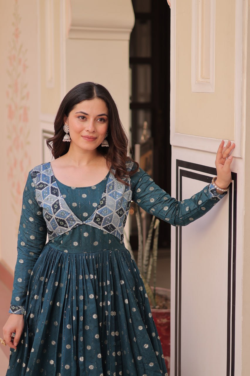 Jyoti Fashion Women's Teal Staple Jacquard Weaving Long Designer Anarkali Set | Grocsy