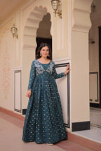 Jyoti Fashion Women's Teal Staple Jacquard Weaving Long Designer Anarkali Set | Grocsy