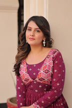 Jyoti Fashion Women's Wine Staple Jacquard Weaving Long Designer Anarkali Set | Grocsy