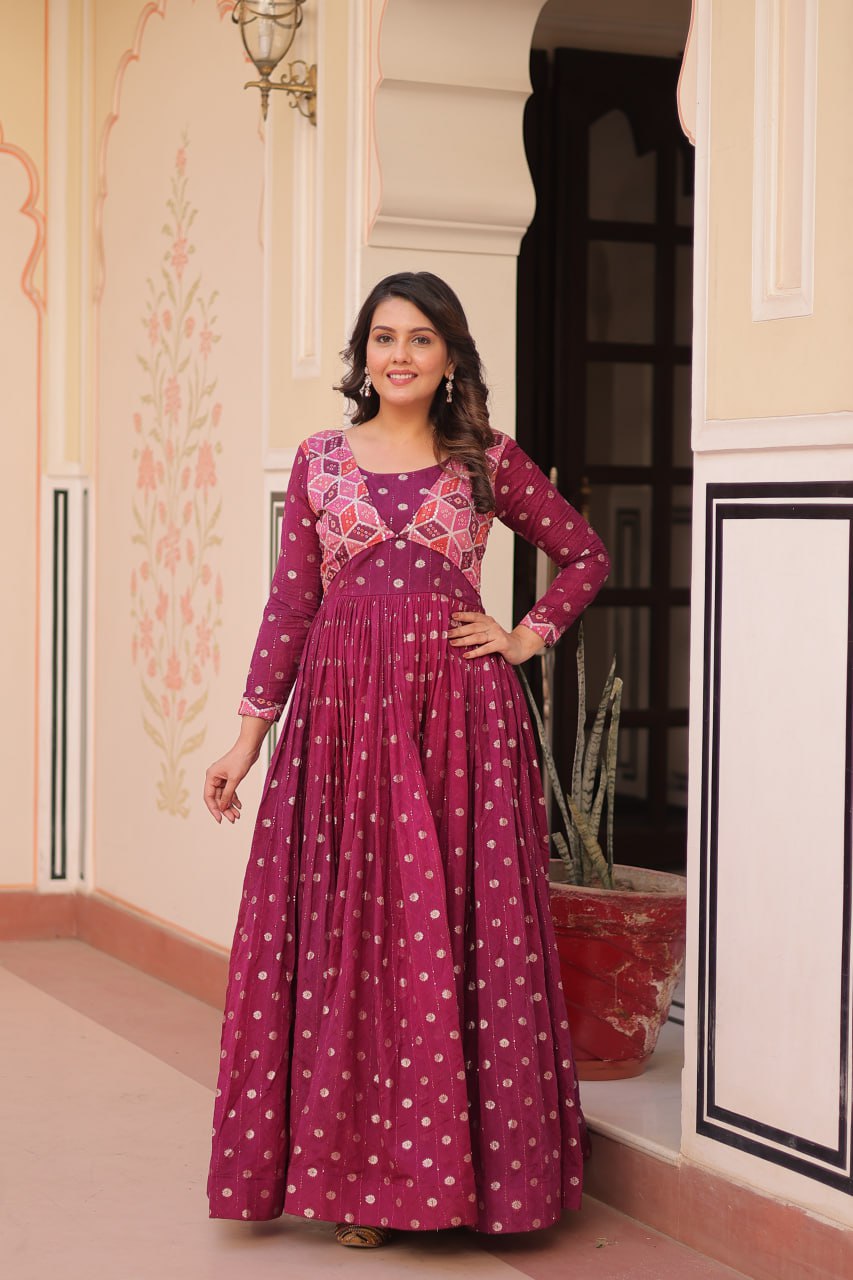 Jyoti Fashion Women's Wine Staple Jacquard Weaving Long Designer Anarkali Set | Grocsy