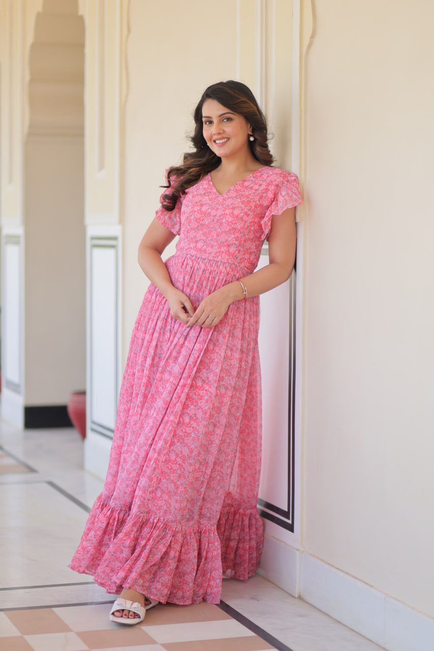 Jyoti Fashion Women's Baby Pink Faux Georgette Printed Long Designer Anarkali Set | Grocsy