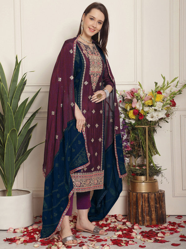 Jyoti Fashion Women's Magenta Chinon Chiffon Embroidered Designer Straight Suit Set | Grocsy