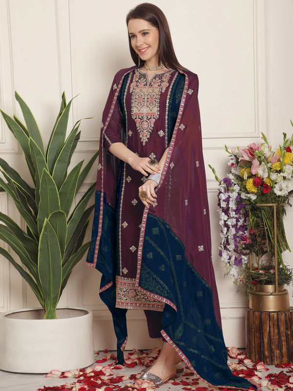 Jyoti Fashion Women's Magenta Chinon Chiffon Embroidered Designer Straight Suit Set | Grocsy
