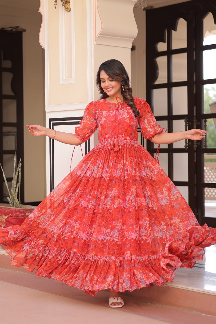 Jyoti Fashion Women's Red Faux Georgette Printed Long Designer Anarkali Set | Grocsy
