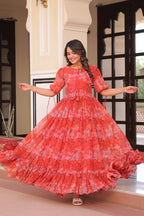 Jyoti Fashion Women's Red Faux Georgette Printed Long Designer Anarkali Set | Grocsy