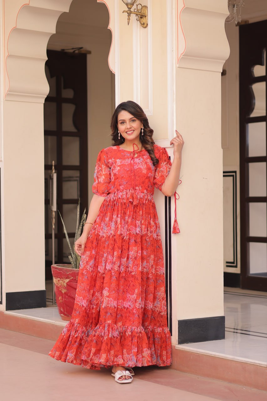 Jyoti Fashion Women's Red Faux Georgette Printed Long Designer Anarkali Set | Grocsy