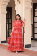 Jyoti Fashion Women's Red Faux Georgette Printed Long Designer Anarkali Set | Grocsy