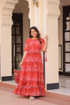 Jyoti Fashion Women's Red Faux Georgette Printed Long Designer Anarkali Set | Grocsy