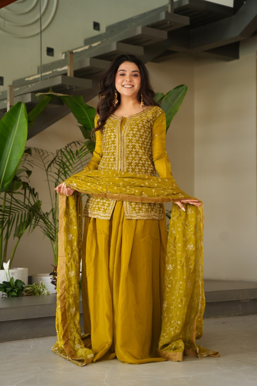 Jyoti Fashion Women's Mehendi Fendi Rich Beads Embroidered Sharara Set with Dupatta | Grocsy
