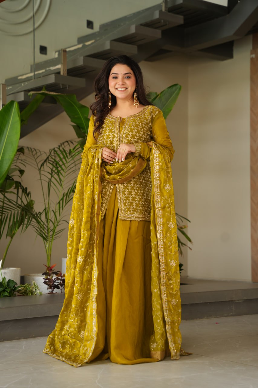 Jyoti Fashion Women's Mehendi Fendi Rich Beads Embroidered Sharara Set with Dupatta | Grocsy