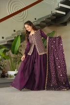 Jyoti Fashion Women's Wine Fendi Rich Beads Embroidered Sharara Set with Dupatta | Grocsy