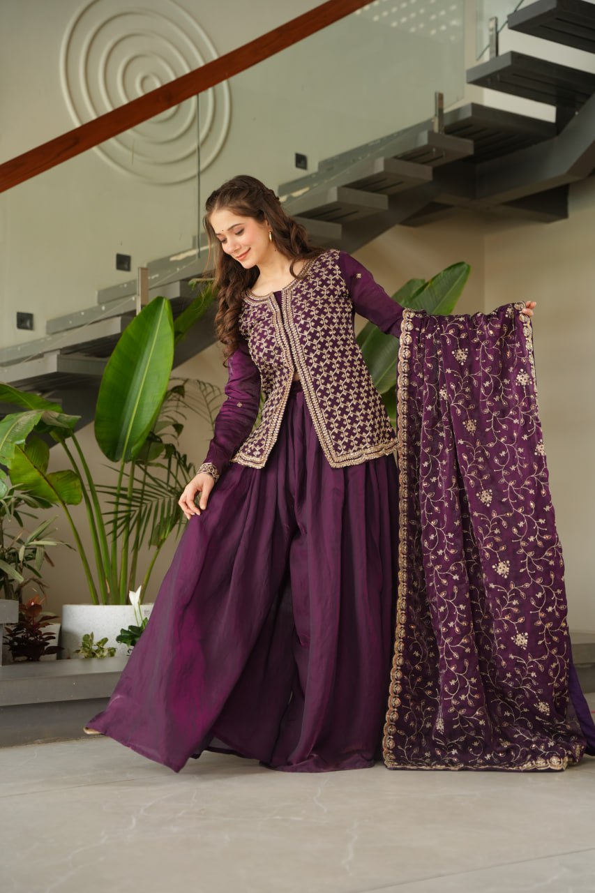 Jyoti Fashion Women's Wine Fendi Rich Beads Embroidered Sharara Set with Dupatta | Grocsy
