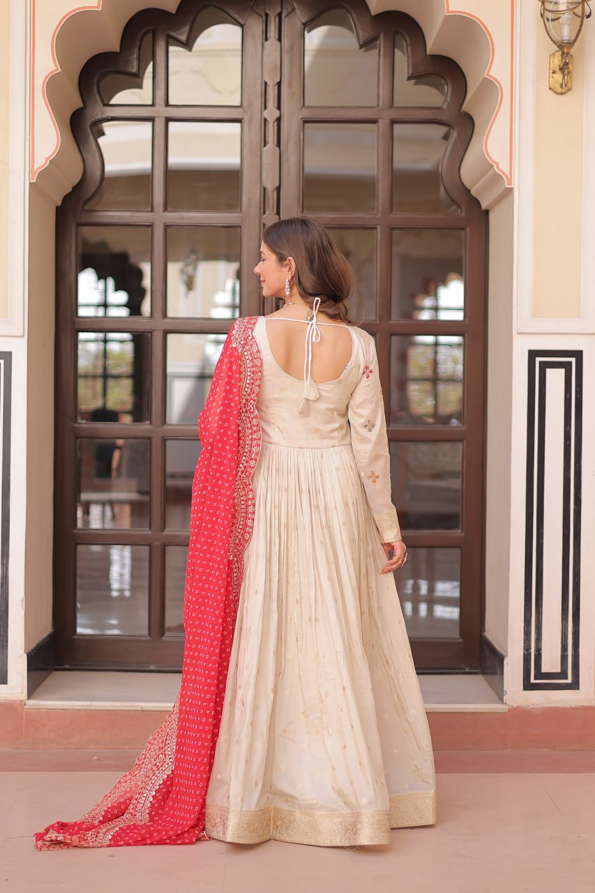 Jyoti Fashion Women's Red Cosmos Jacquard Pearl Beads Embroidered Anarkali Set With Dupatta | Grocsy