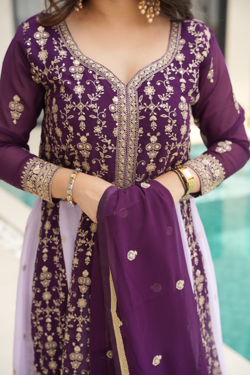 Jyoti Fashion Women's Purple Faux Blooming Zari & Sequins Embroidered Anarkali Set With Dupatta | Grocsy