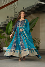 Jyoti Fashion Women's Blue Faux Blooming Zari & Sequins Embroidered Anarkali Set With Dupatta | Grocsy