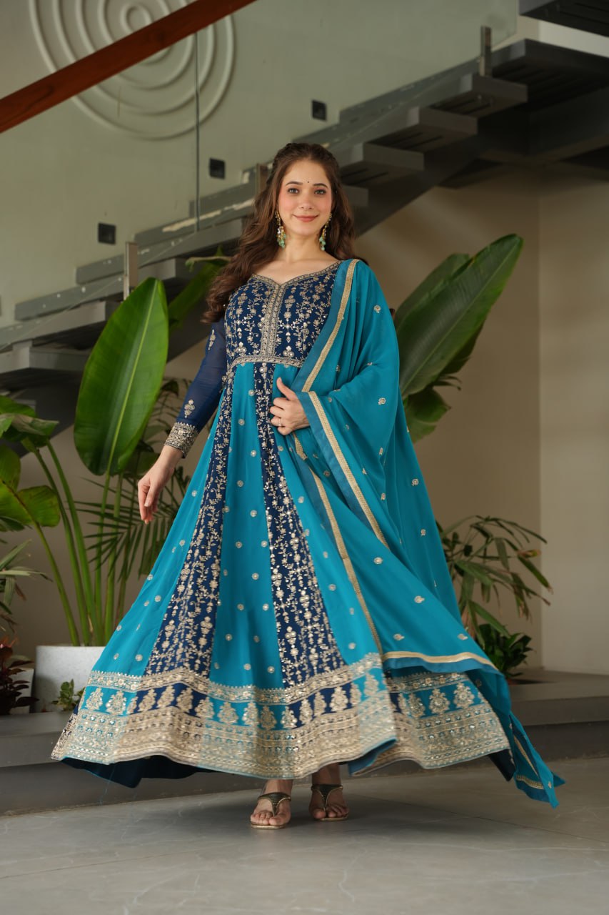 Jyoti Fashion Women's Blue Faux Blooming Zari & Sequins Embroidered Anarkali Set With Dupatta | Grocsy