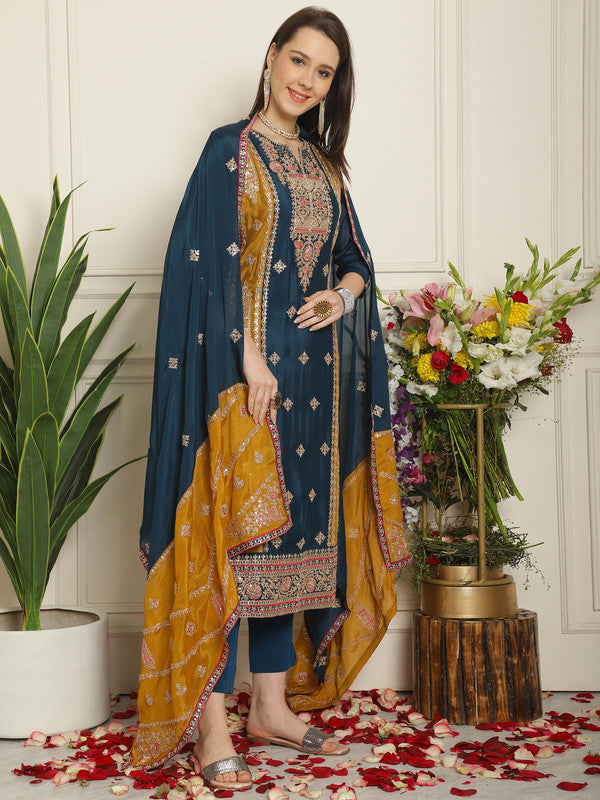 Jyoti Fashion Women's Navy Blue Chinon Chiffon Embroidered Designer Straight Suit Set | Grocsy