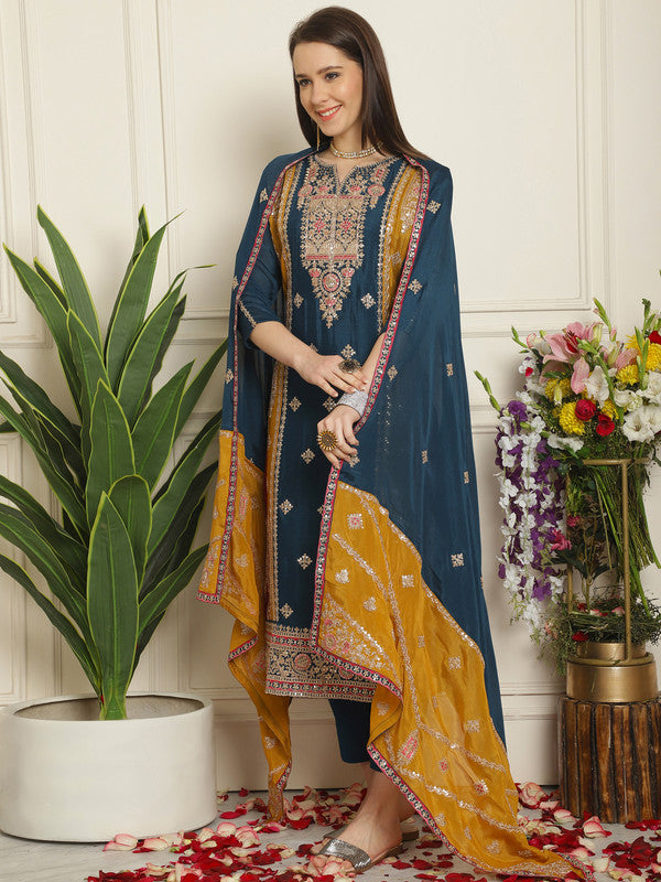 Jyoti Fashion Women's Navy Blue Chinon Chiffon Embroidered Designer Straight Suit Set | Grocsy