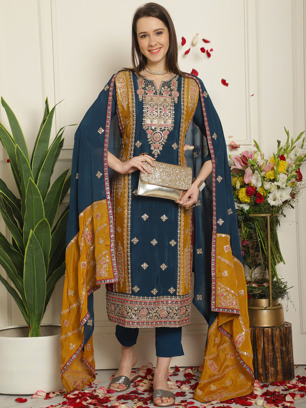 Jyoti Fashion Women's Navy Blue Chinon Chiffon Embroidered Designer Straight Suit Set | Grocsy