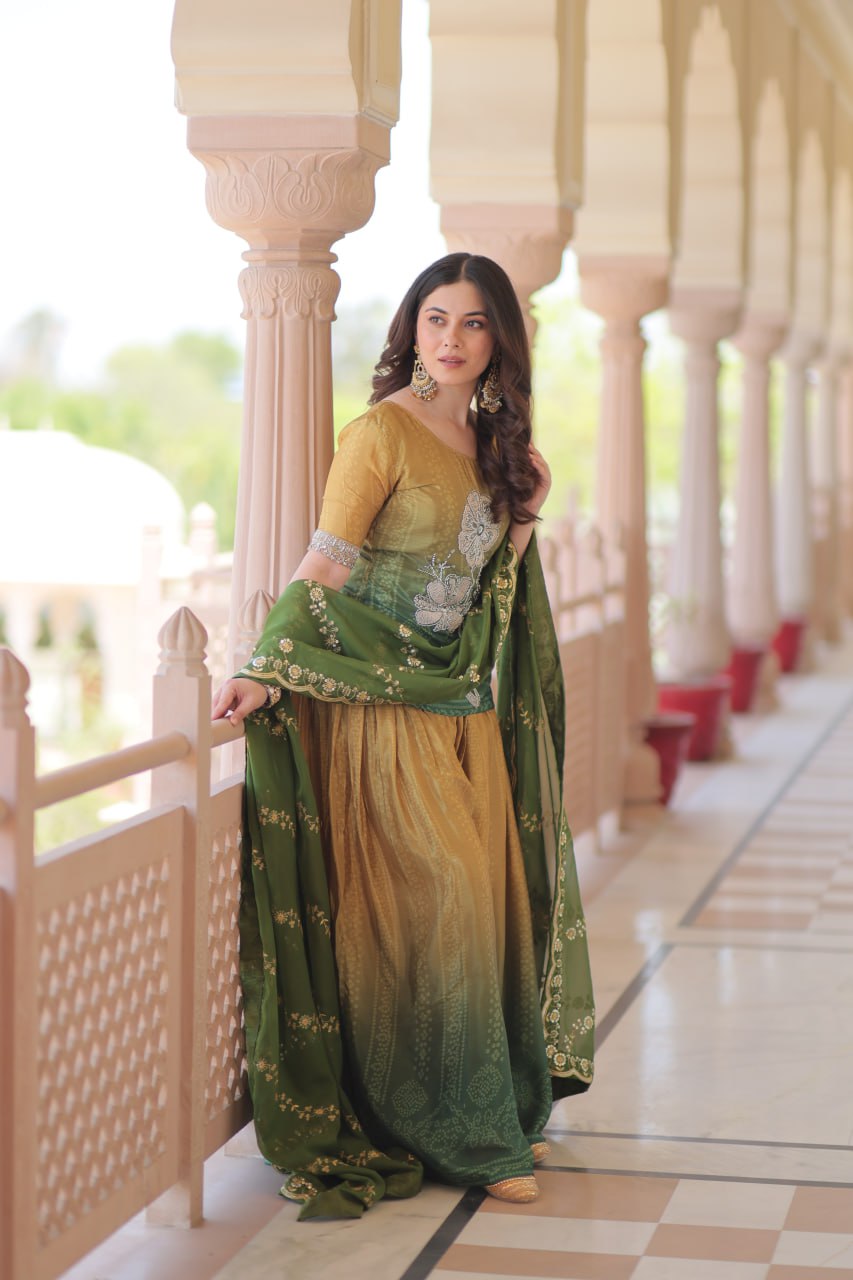 Jyoti Fashion Women's Green Chinon Beads Embroidered Sharara Set with Dupatta | Grocsy