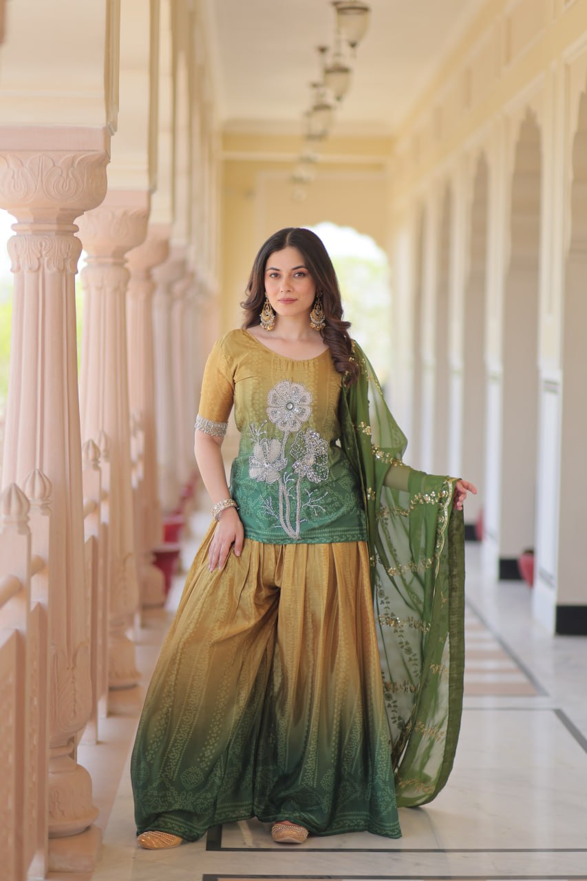 Jyoti Fashion Women's Green Chinon Beads Embroidered Sharara Set with Dupatta | Grocsy