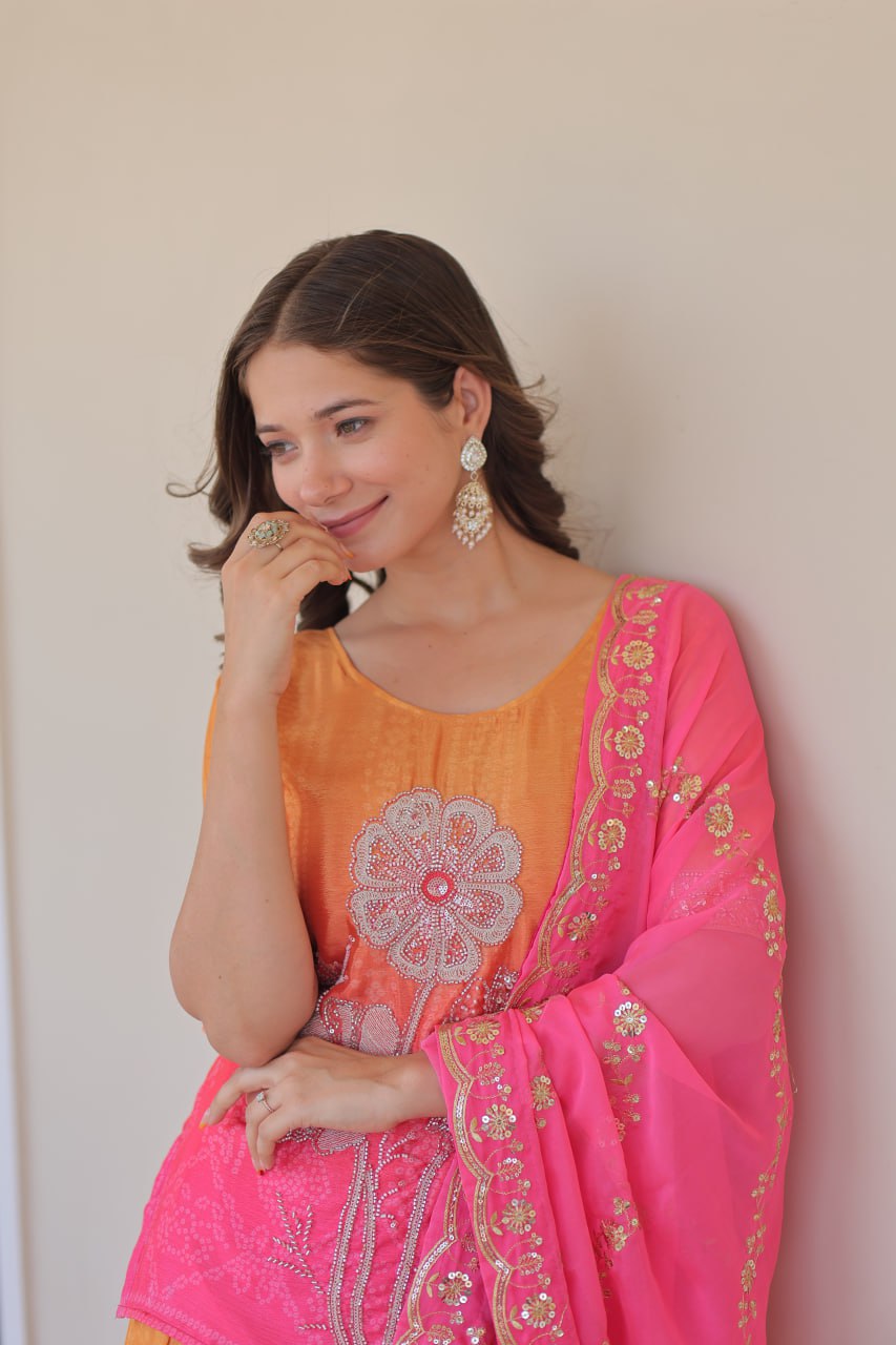Jyoti Fashion Women's Pink Chinon Beads Embroidered Sharara Set with Dupatta | Grocsy