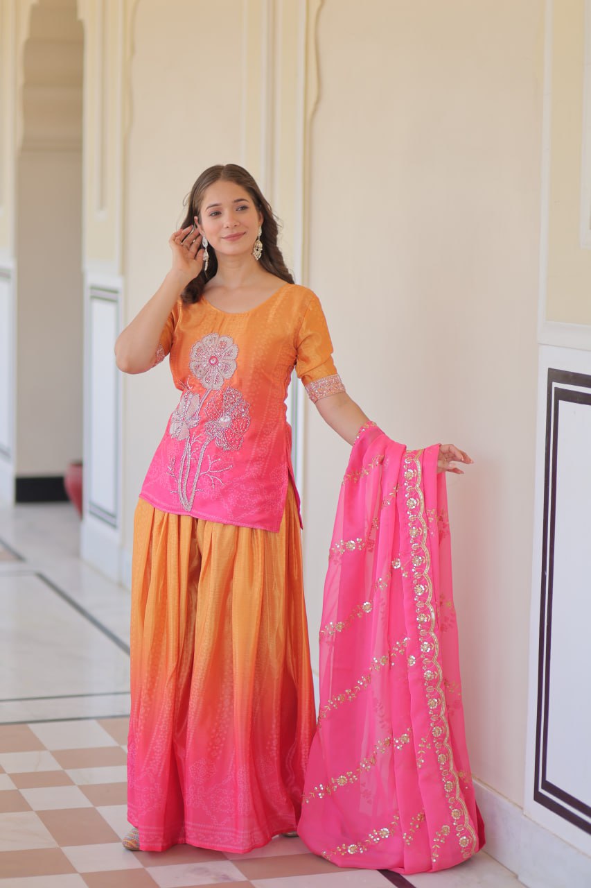 Jyoti Fashion Women's Pink Chinon Beads Embroidered Sharara Set with Dupatta | Grocsy