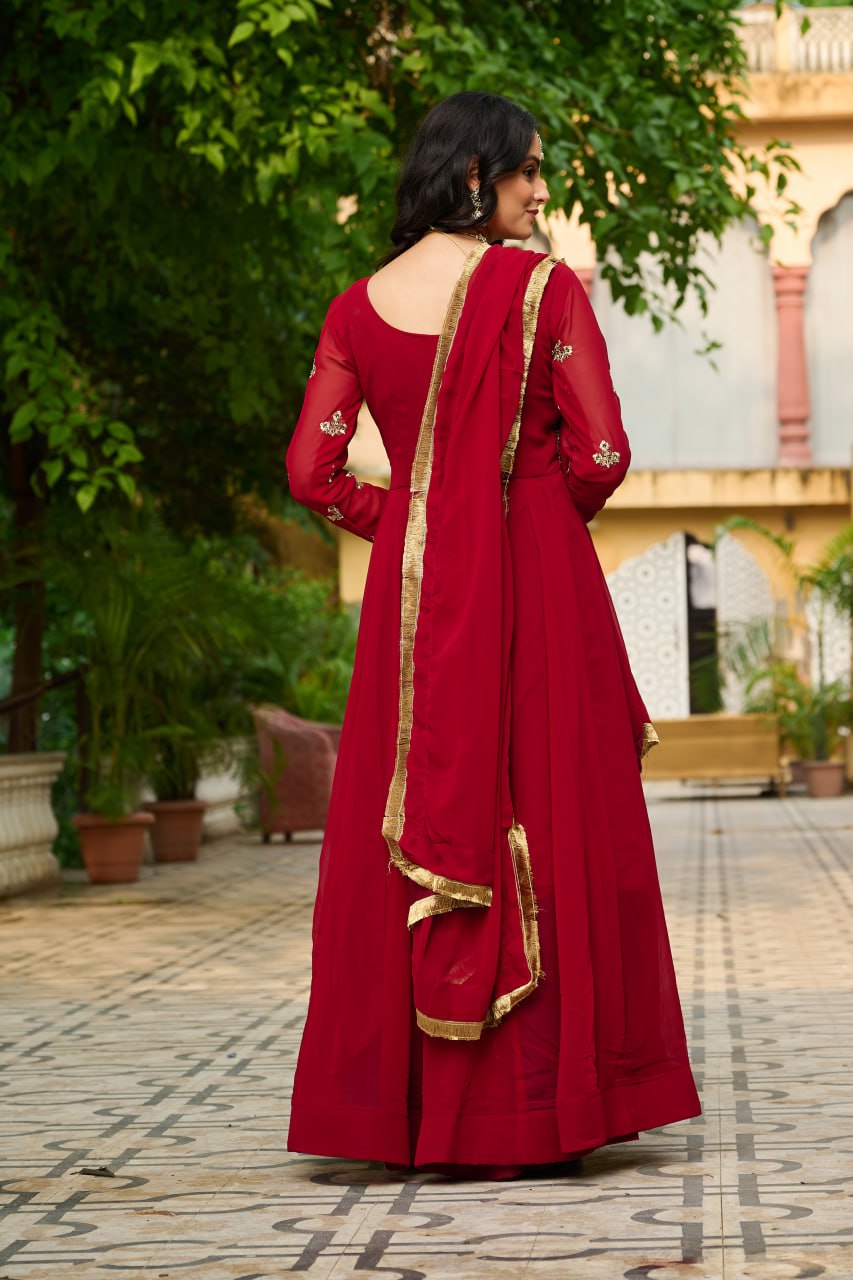 Jyoti Fashion Women's Maroon Faux Blooming Sequins with Thread Embroidered Anarkali Set With Dupatta | Grocsy