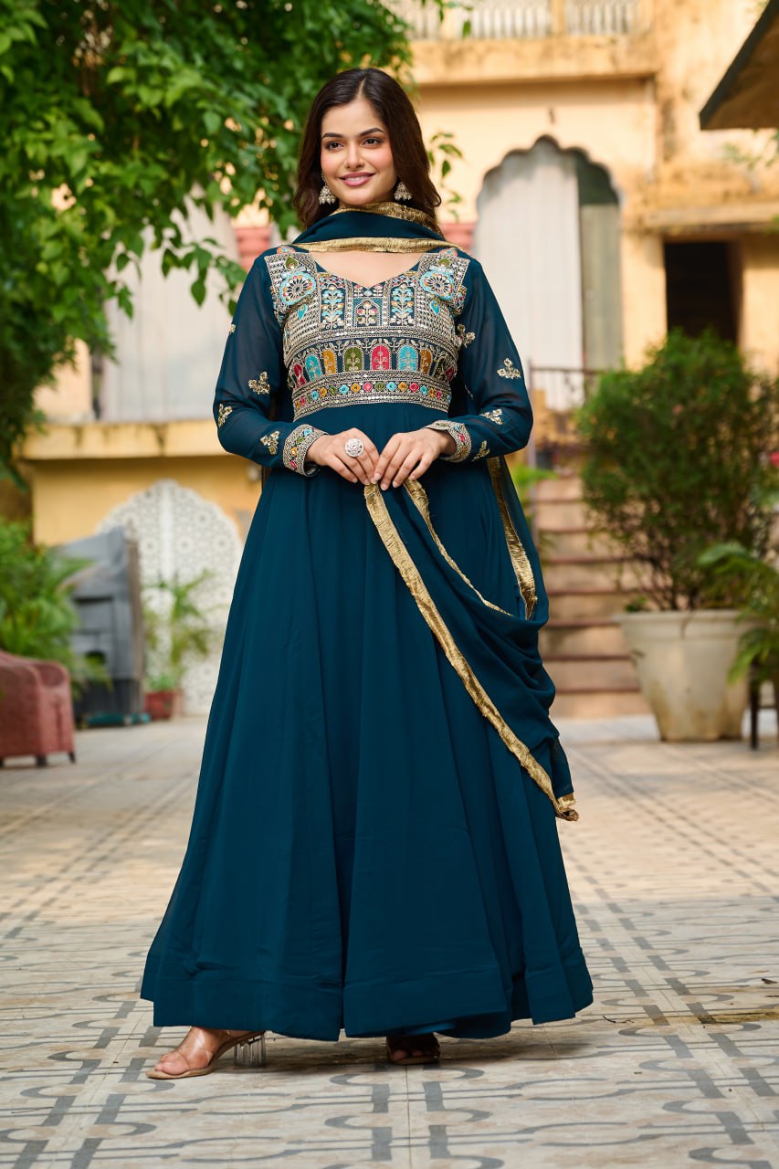Jyoti Fashion Women's Teal Faux Blooming Sequins with Thread Embroidered Anarkali Set With Dupatta | Grocsy