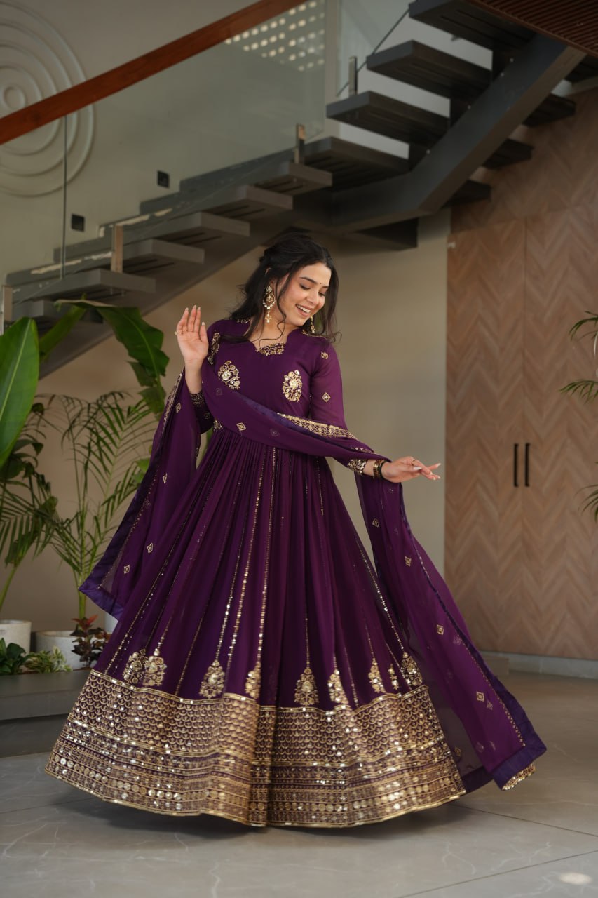 Jyoti Fashion Women's Purple Faux Blooming Zari & Sequins Embroidered Anarkali Set With Dupatta | Grocsy
