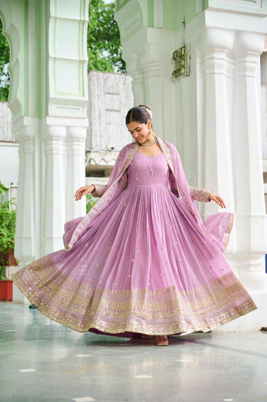 Jyoti Fashion Women's Lavender Faux Georgette Embroidered Designer Anarkali Set With Dupatta | Grocsy