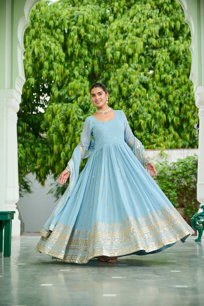 Jyoti Fashion Women's Sky Blue Faux Georgette Embroidered Designer Anarkali Set With Dupatta | Grocsy