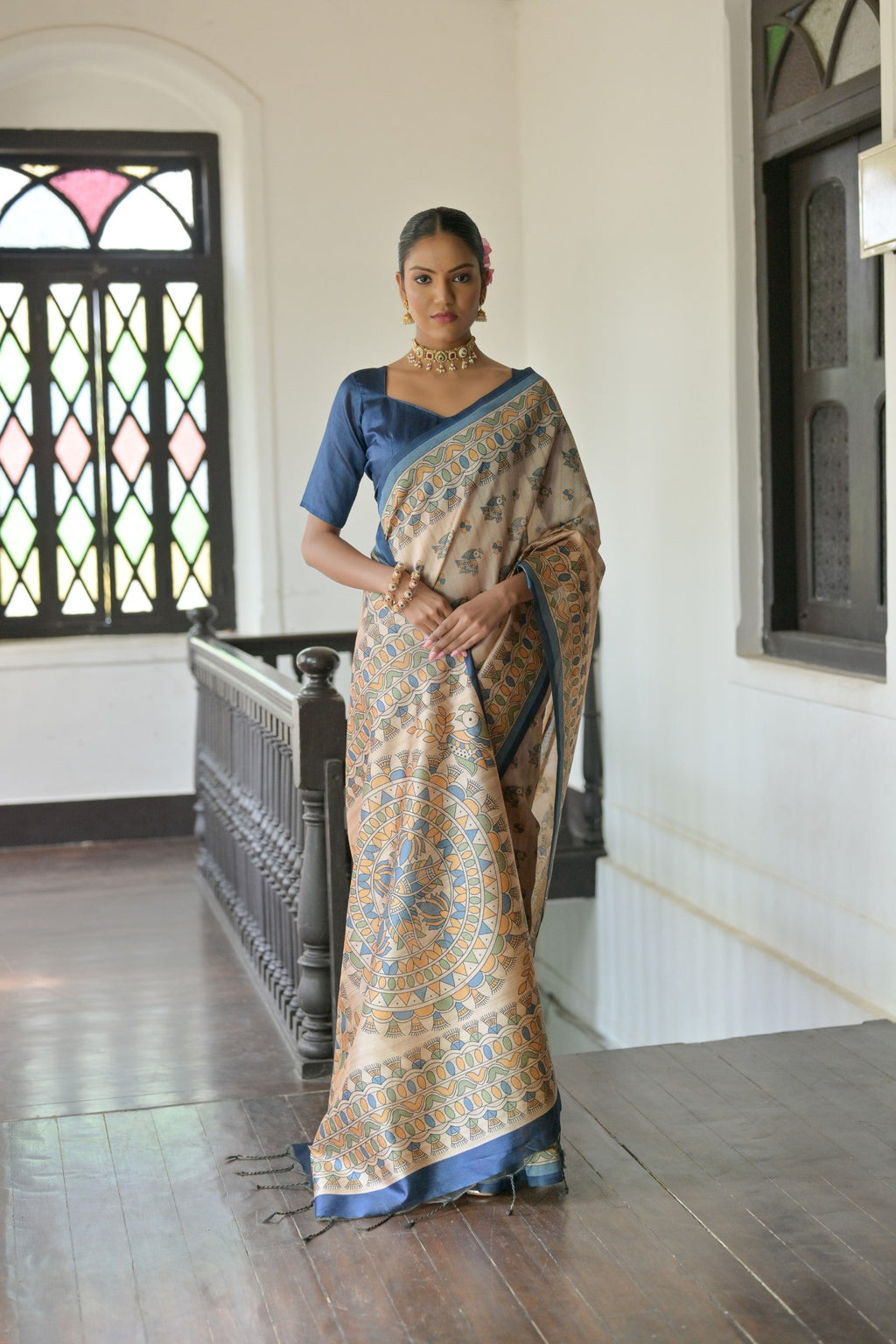 Jyoti Fashion Women's Blue Soft Tussar Silk Printed Designer Saree with Blouse | Grocsy