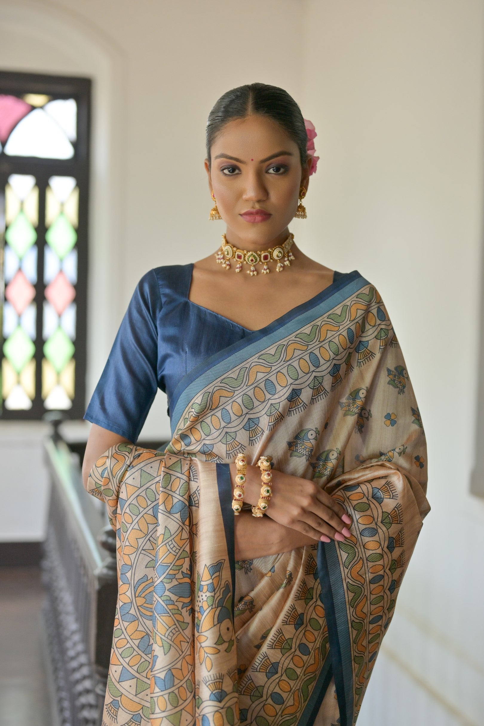 Jyoti Fashion Women's Blue Soft Tussar Silk Printed Designer Saree with Blouse | Grocsy