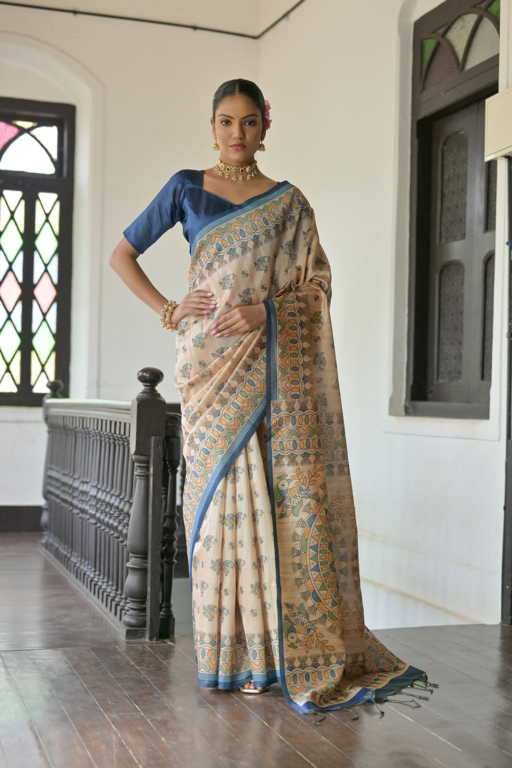 Jyoti Fashion Women's Blue Soft Tussar Silk Printed Designer Saree with Blouse | Grocsy