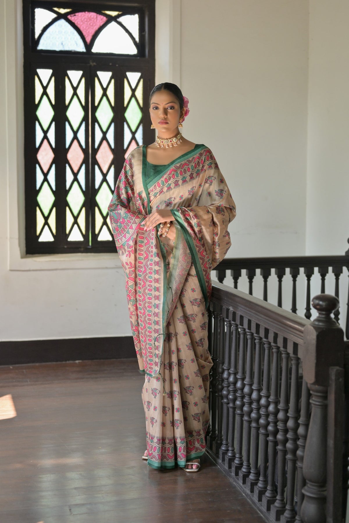 Jyoti Fashion Women's Green Soft Tussar Silk Printed Designer Saree with Blouse | Grocsy