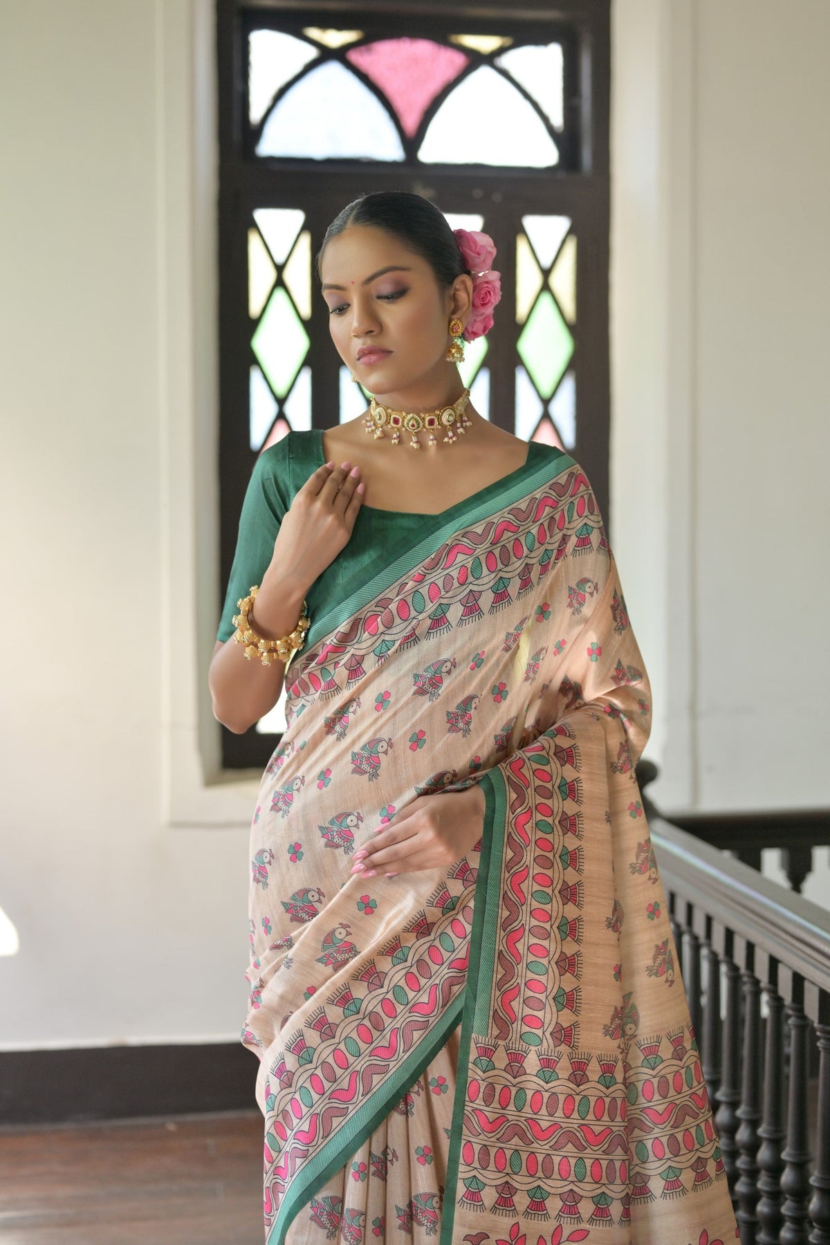 Jyoti Fashion Women's Green Soft Tussar Silk Printed Designer Saree with Blouse | Grocsy