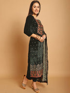 Jyoti Fashion Women's Green Velvet Floral Resham Thread with Jari & Sequince work Designer Straight Suit Set | Grocsy