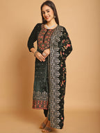 Jyoti Fashion Women's Green Velvet Floral Resham Thread with Jari & Sequince work Designer Straight Suit Set | Grocsy