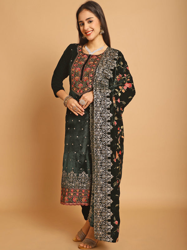 Jyoti Fashion Women's Green Velvet Floral Resham Thread with Jari & Sequince work Designer Straight Suit Set | Grocsy