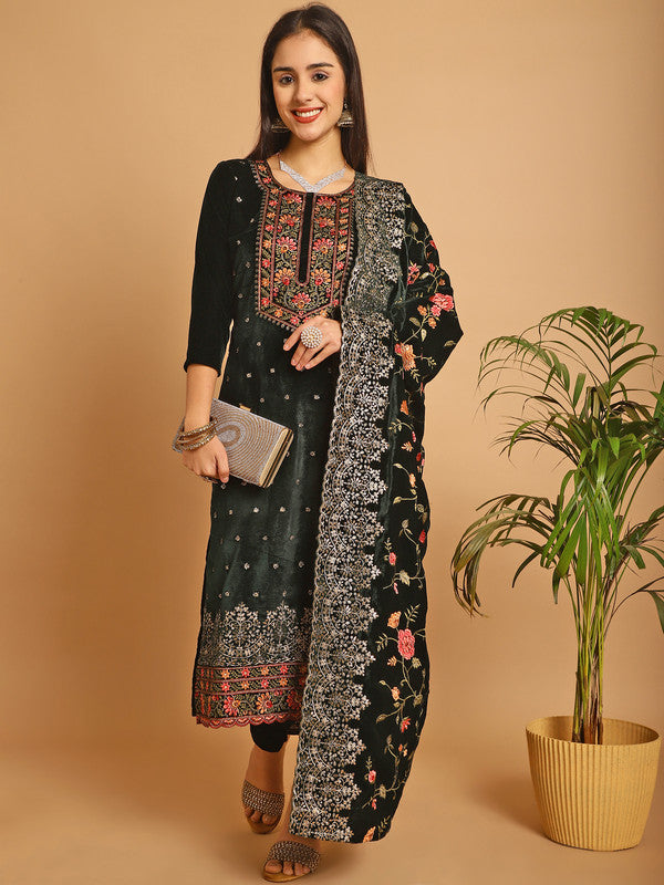 Jyoti Fashion Women's Green Velvet Floral Resham Thread with Jari & Sequince work Designer Straight Suit Set | Grocsy