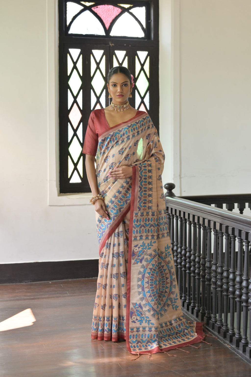 Jyoti Fashion Women's Red Soft Tussar Silk Printed Designer Saree with Blouse | Grocsy